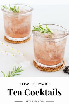 two glasses filled with tea and rosemary garnish