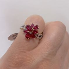 New With Tag Unknown Brand Yellow Gold Filled Ring Size 7 Gorgeous Ring Unfortunately Too Tide For My Hands Lab Ruby Flower Form With Various Shape Raspberry Red Hue Stones White Cz Stones Over Both Sides Wave Line Low Profile, Won’t Snug Your Clothes Please See Pictures For Details!!!! This Ring Might Tarnish, But Can Be Easy Cleaned/ Wiped By Soft Flannel Or Wool Fabric Box Included Reasonable Offers Are Welcome Smoke Free Home Next Day Shipping Red Ruby Flower-shaped Ring, Red Ruby Flower Shaped Ring, Red Flower-shaped Anniversary Ring, Formal Red Flower Ring, Red Flower-shaped Promise Ring, Red Flower Shaped Ruby Ring For Formal Occasions, Red Flower Ruby Ring For Formal Occasions, Red Flower Ruby Ring For Formal Events, Formal Red Flower Ruby Ring