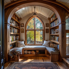 an arched window in the corner of a room with bookshelves and a bench