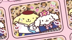 two cartoon characters are holding each other in front of a pink background with hearts and flowers