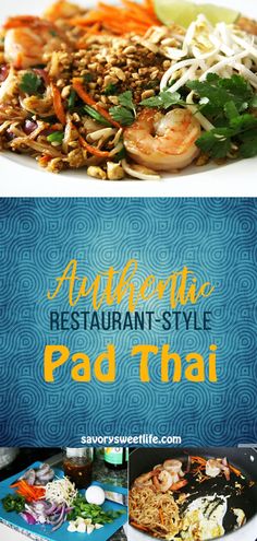 the restaurant style pad thai is ready to be eaten with shrimp, rice and vegetables