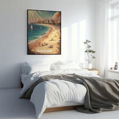 a bedroom with white walls and a painting on the wall above the bed that reads barcelona