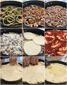 the steps to making pizzas are shown in multiple pictures, including an uncooked pizza