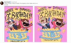 two birthday cards with cartoon characters on them, one is celebrating the third birthday and the other is celebrating the third