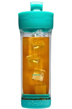 a teal plastic water bottle with ice cubes in it