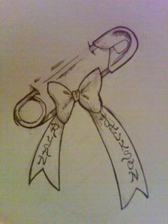 a drawing of a pair of scissors with ribbon