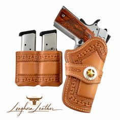 Leather Products Ideas, 1911 Leather Holster, 1911 Holster, Diy Leather Working, Leather Cell Phone Cases, Cowboy Life, Custom Leather Belts, Leather Patterns, 45 Acp