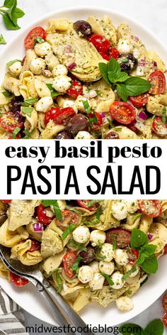 pasta salad with pesto tortellini and fresh basil