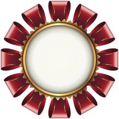 a red and gold award ribbon with a white circle in the center on a white background