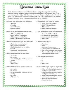 the christmas trivia quiz is shown in green and white