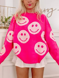 Miles of Smiles Sweater | Sassy Shortcake | sassyshortcake.com Smiley Face Sweater, Pink Smiley Face, Pink Smiley, Hot Pink Sweater, Pull Rose, Preppy Girls, Preppy Sweater, Preppy Summer Outfits, Preppy Girl