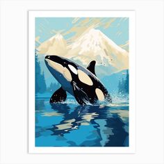 an orca jumping out of the water in front of a mountain with snow capped peaks