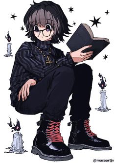 an anime character sitting on the ground with a book in his hand and stars around him