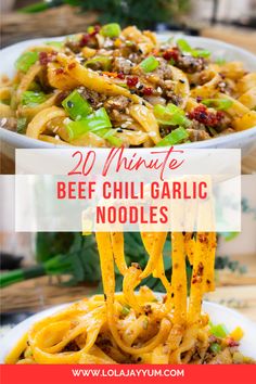 20 Minute Spicy Chili Garlic Noodles Sweet Chili Ground Beef, Ground Beef Fettuccine Recipes, Spicy Chili Garlic Noodles, Noodles With Ground Beef, Asian Ground Beef Recipes, Chili Garlic Noodles, Spicy Garlic Sauce, Beef Macaroni, Fettuccine Recipes