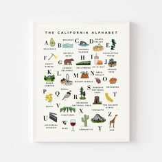 the california alphabet poster is shown on a white wall, with an animal and other things in it