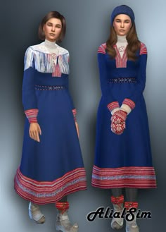 two women in blue dresses with red and white trims, one wearing a hat