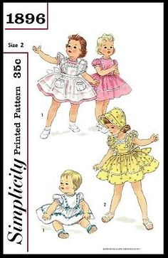 two children's dresses and one baby's dress are shown in this pattern