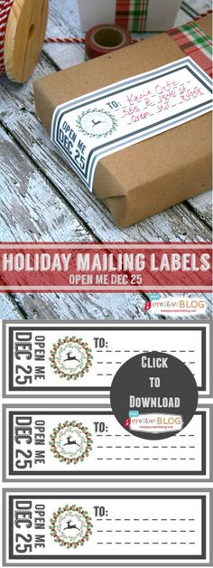 holiday mailing labels with christmas wreaths and presents in them on a wooden table