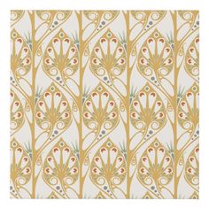 an art nouveau style wallpaper with gold and green designs on white background, including leaves