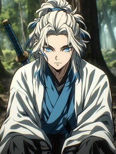 an anime character with white hair and blue eyes holding two swords in his hands while sitting on the ground