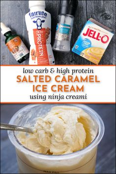 an ice cream in a plastic container with the text low carb & high protein salted caramel ice cream