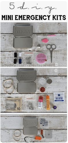 an emergency kit is laid out on a white wooden table with scissors and other items