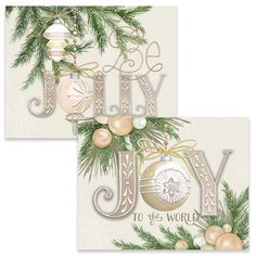 two christmas cards with the word joy to the world and ornaments hanging from it's sides