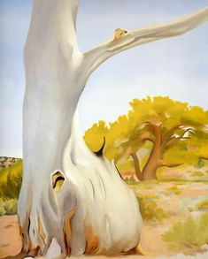 a painting of a large white tree in the desert