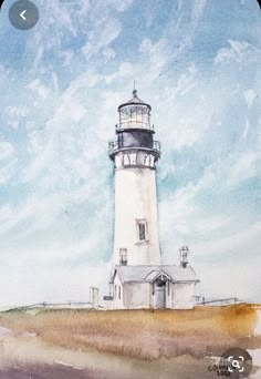 a watercolor painting of a lighthouse on the coast with blue skies in the background