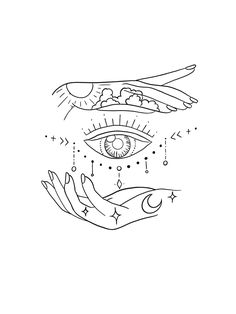 two hands holding an all seeing eye with stars and moon in the sky above them