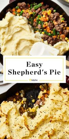 an easy shepherd's pie with mashed potatoes and vegetables