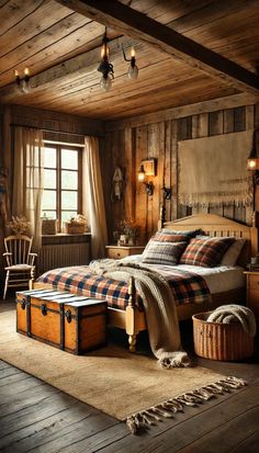 an old fashioned bedroom with wooden walls and wood flooring is decorated in rustic style