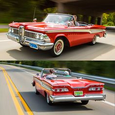 an old and new car driving down the road