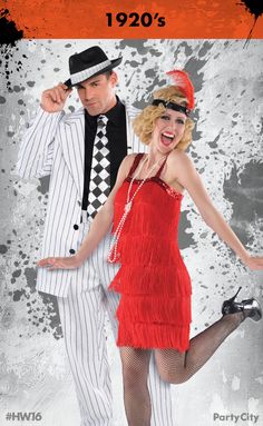 a man and woman dressed up in costumes for halloween, with the caption 1920's party city