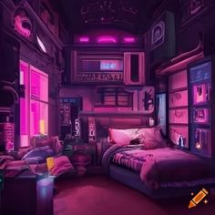 a bed room with a neatly made bed and purple lighting