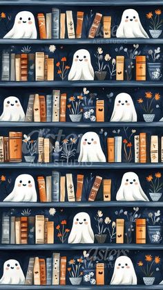 a book shelf filled with lots of books covered in white ghost faces and flowers on it