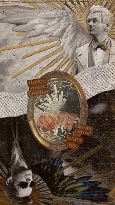 an altered collage of two men with wings and words on them, one holding a clock