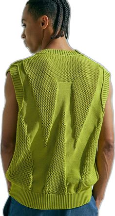 Trendy Textured Knit Crew Neck Sweater Vest, Casual Green Sleeveless Sweater, Summer Knit Vest With Crew Neck, Casual Sleeveless Knit Sweater, Trendy Knitted Crew Neck Sweater Vest, Trendy Crew Neck Knitted Sweater Vest, Trendy Knit Crew Neck Sweater Vest, Green Cotton Crew Neck Sweater Vest, Green Knit Crew Neck Sweater Vest