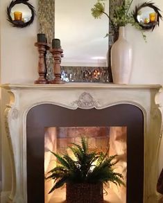 a fire place with a potted plant on top of it next to a mirror