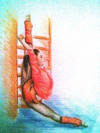 a drawing of a person doing a hand stand on a ladder with one leg up