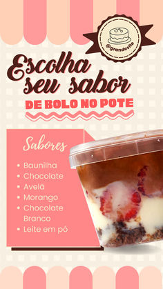 an advertisement for a dessert with chocolate and strawberries in it on a pink background