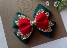 I love this bow !! Such a cute red , gold, and hunter green Christmas hair bow. The perfect Christmas hair bow to celebrate your little princess' Christmas or to visit Santa. My boutique hair bows are Light weight and attached to a no-slip alligator clips, perfect for girls of all ages.  Hair Bow Measures Approx. 4" x 3". Please reference the size before purchasing to ensure it is the size you would like.  Back to Pink hair bow boutiques store :  https://www.etsy.com/shop/PinkHairBowBoutique Hunter Green Christmas, Christmas Hairbow, Christmas Hair Clip, Princess Christmas, Bow Ideas, Bows For Girls, Pink Hair Bows, Christmas Hair Bows, Bow Christmas