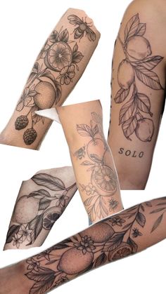 tattoos on both arms and legs are shown in different positions, including one with fruit