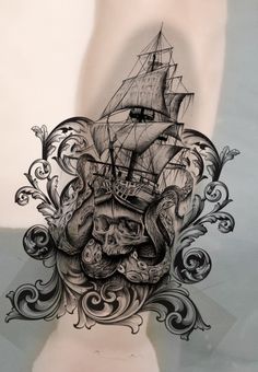 a man's head with a ship on it and an octopus in the middle