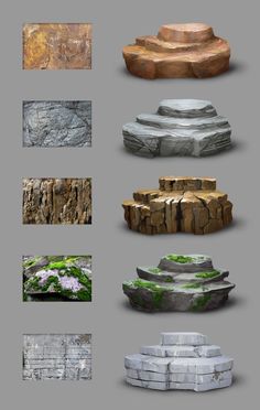 several different types of stone benches and tables with moss growing on the rocks in them