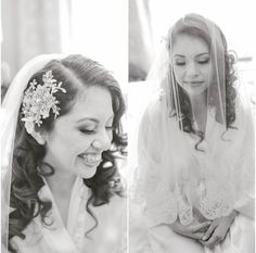 the bride smiles as she looks down at her wedding dress and veil on her head