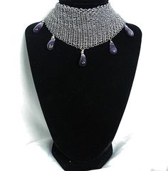 Stainless steel Mesh collar necklace with genuine Amethyst gemstones Elegant Purple Metal Necklace, Elegant Black Amethyst Necklace, Elegant Black Amethyst Jewelry, Elegant Chainmail Necklaces For Party, Formal Purple Metal Necklace, Elegant Chainmail Necklace For Party, Black Metal Chainmail Necklace, Elegant Black Chainmail Jewelry, Adjustable Black Chainmail Jewelry