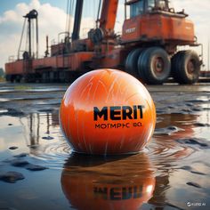 an orange ball sitting on top of a wet ground next to a large construction vehicle