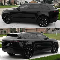 two pictures of a black range rover parked in front of a house