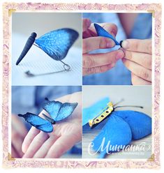 four pictures of blue butterflies being made with scissors